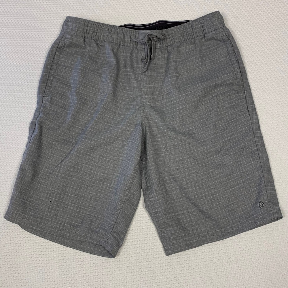 Hang Ten Mens L Grey Grid Quick Dry Elastic Waist Hybrid Walk Shorts
